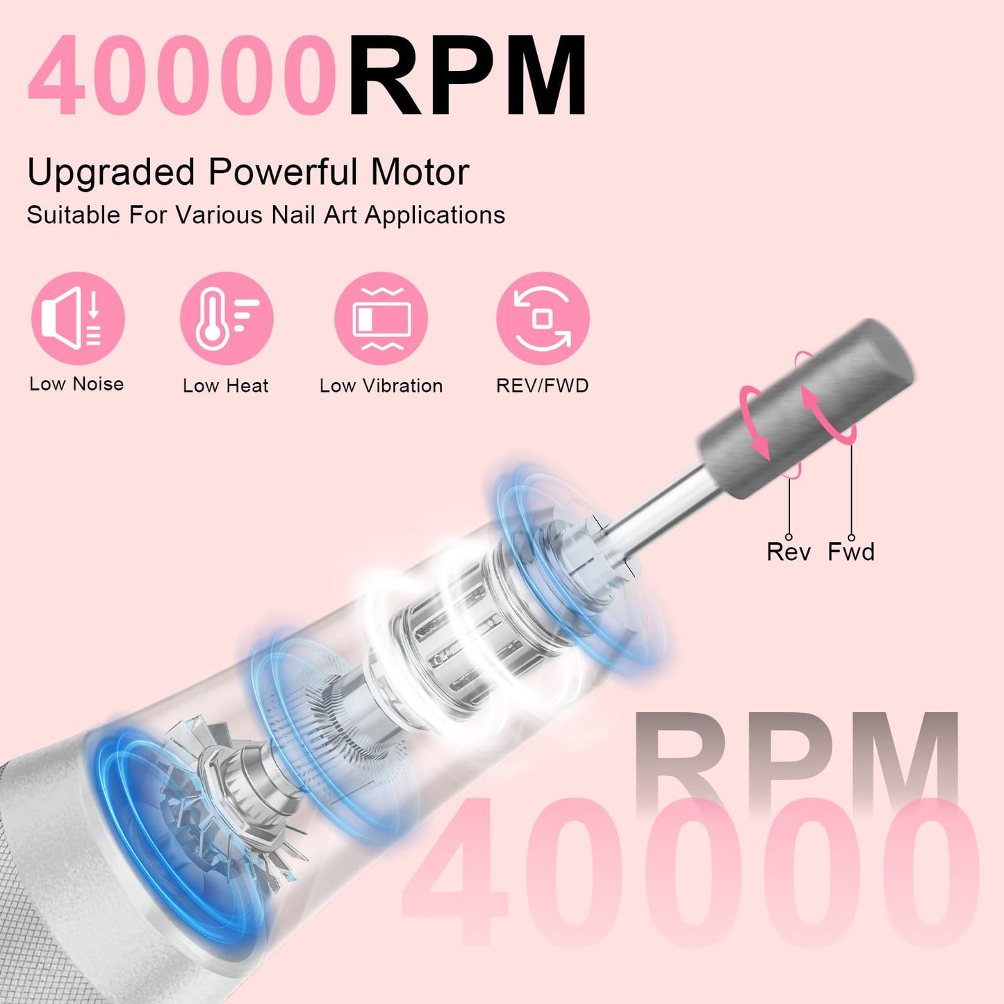 Professional Electric Nail Drill 40000RPM for Salon Home Use, Rechargeable Nail File Machine Kit with 12PCS Bits for Acrylic Gel Nails, Portable Efile Manicure Pedicure Tool (White)