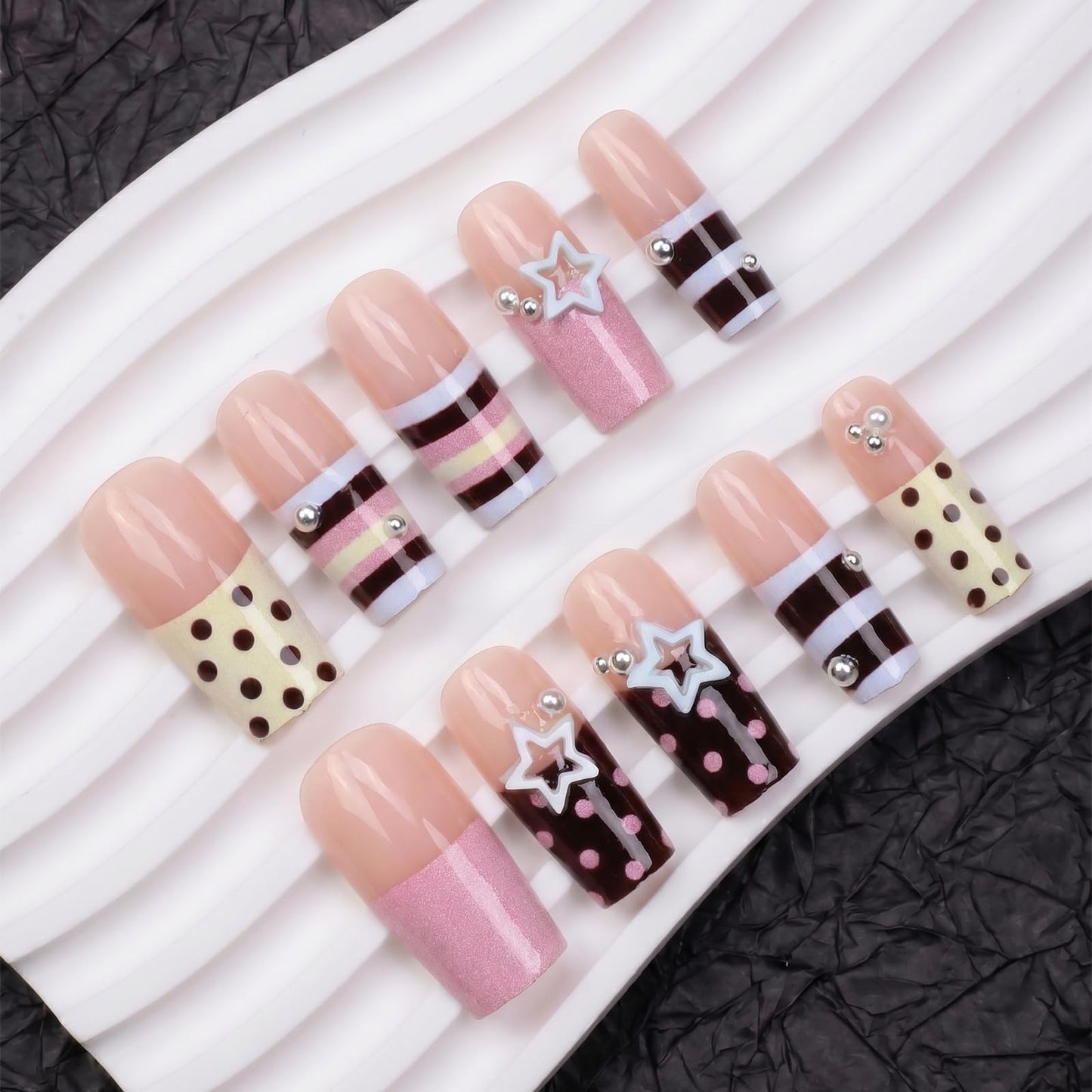 IMSOHOT Square Press on Nails, Long Fake Nails, Pink Black Polka Dot 3D Star Design, 24 Pcs Reusable Glue on Nails for Women, Salon Quality