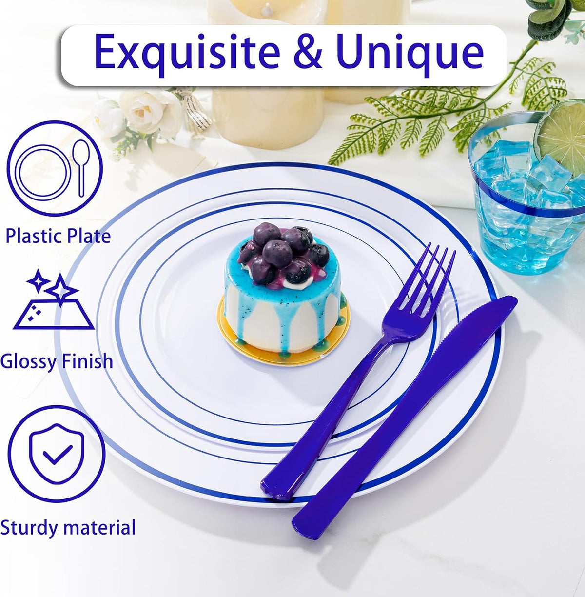 WELLIFE 210 Piece Blue Disposable Dinnerware Set,Plastic Plates for Party, Include: 30 Dinner Plates, 30 Dessert Plates, 30 Pre Rolled Napkins with Gold Silverware and 30 Gold Cups