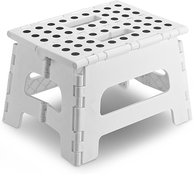 Handy Laundry Folding Lightweight Step Stool - Sturdy Enough to Support Adults and Safe Enough for Kids - Opens Easy with One Flip - Great for Kitchen, Bathroom or Bedroom (White - 8 Inch)