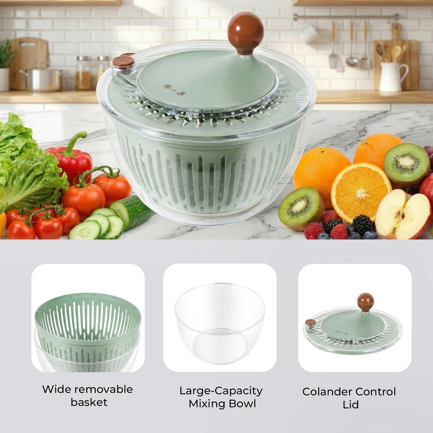 Salad Spinner Large Lettuce Spinner 4.3 Qt with Non-Slip Base & Stop Button Vegetable Dryer & Fruit Washing Bowl for Efficient Salad Prep