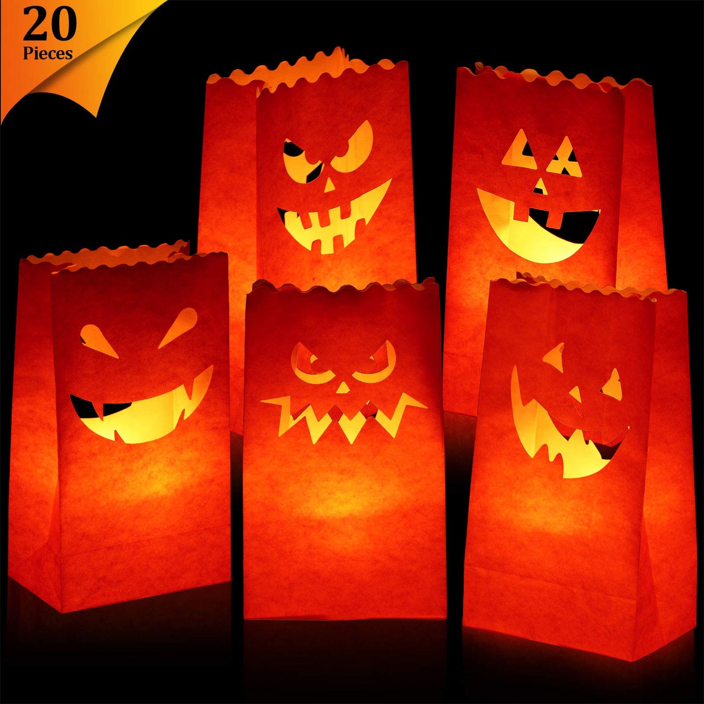 Shappy 20 Pieces Halloween Luminary Candle Bags Flame Resistant Candle Bags in 5 Kinds of Pumpkin Grimace Patterns for Halloween Party Supplies