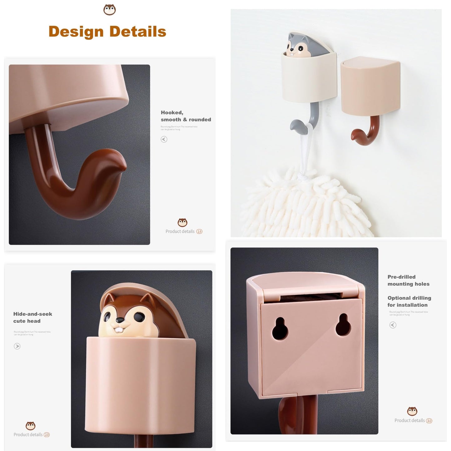 GCFTIFF 2 Pcs Creative Squirrel Cute Pet Key Holder wall Mount, Keychain Command Hooks,siding Hooks,Hook for Coat, Scarf, Hat, Towel, Bag, Utility Hook for Wall Hanging Decorations (Coffee&Gray)