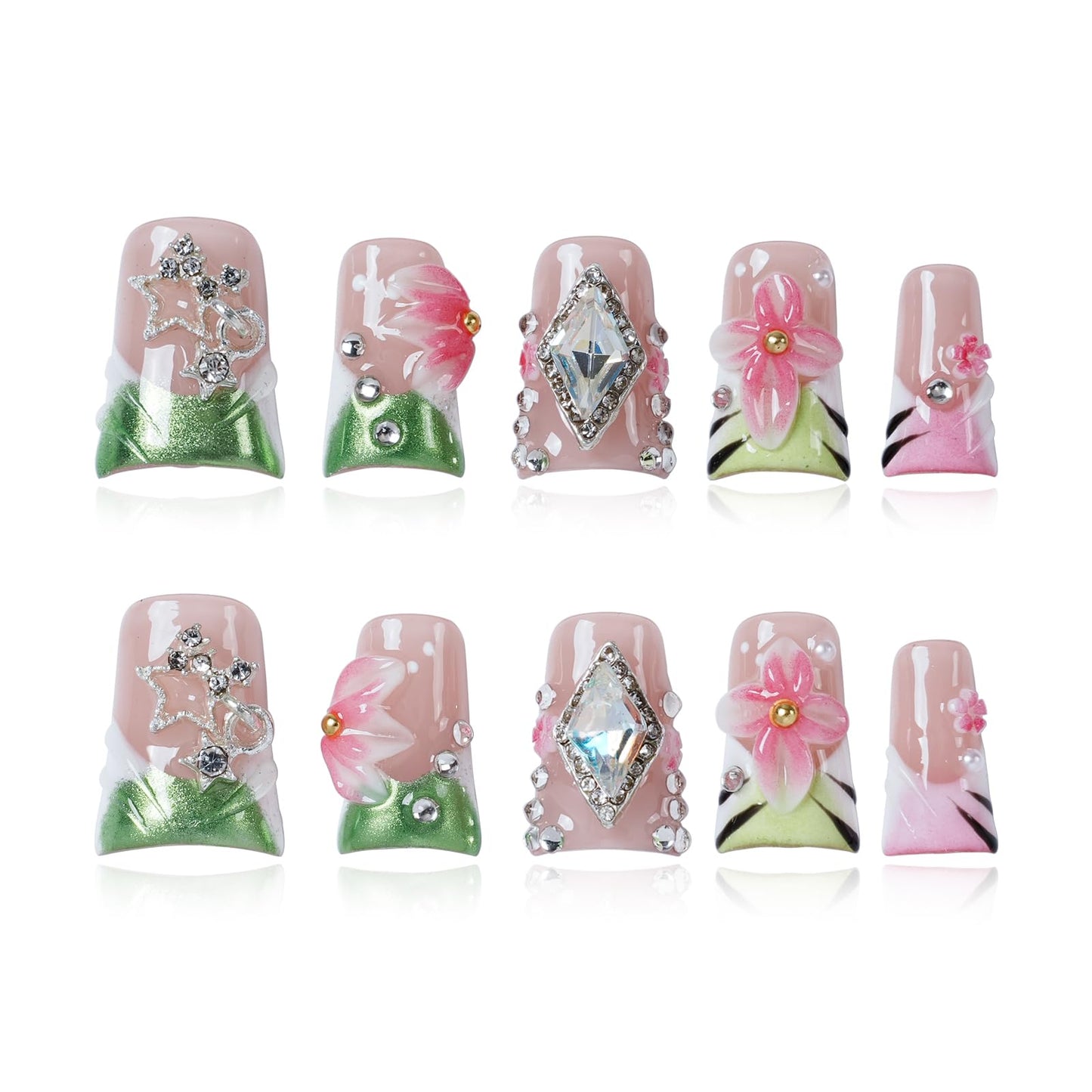 Tesytto Duck Thick Press on Nails Handmade 3D Fake Nails for Nail Art (Emerald Gold Lattice Bloom, S)