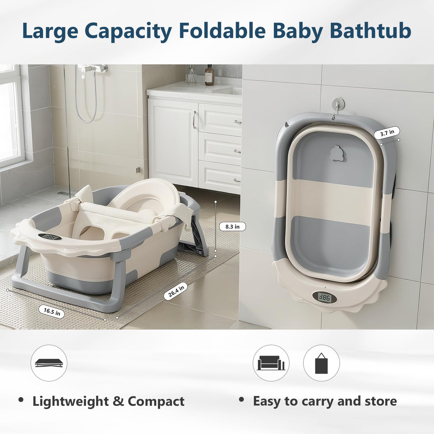 MoreFeel Foldable Baby Bathtub with Thermometer - 4-in-1 Grow-with-Me Collapsible Infant Tub (Newborn to Toddler) with Adjustable Mesh Sling - Space Saving Design