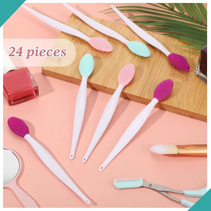 Patelai 24 Pcs Silicone Exfoliating Lip Scrub Brush with Container Double Sided Silicone Lip Scrubber Soft Cleaning Brush for Men Women Lightening for Dark Lips(Pink, Green, Purple)