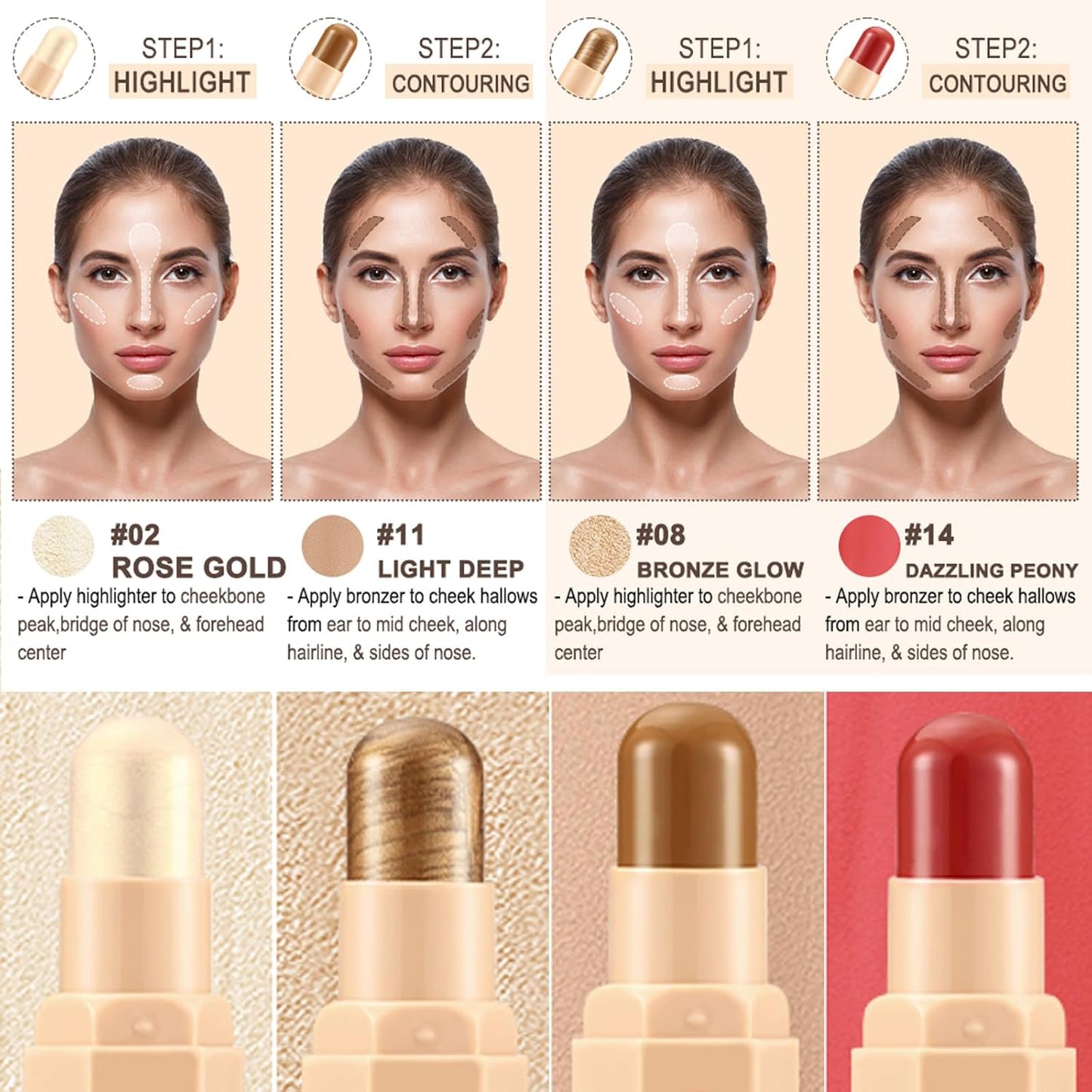 Face Cream Contour Stick Bronzer Stick Highlighter Stick Blush Stick Illuminator Makeup Glow Kit,Long Lasting Highly Piamented Skin Brighten Shadow Contour Bronzer Highlighter Blush Powder-A2