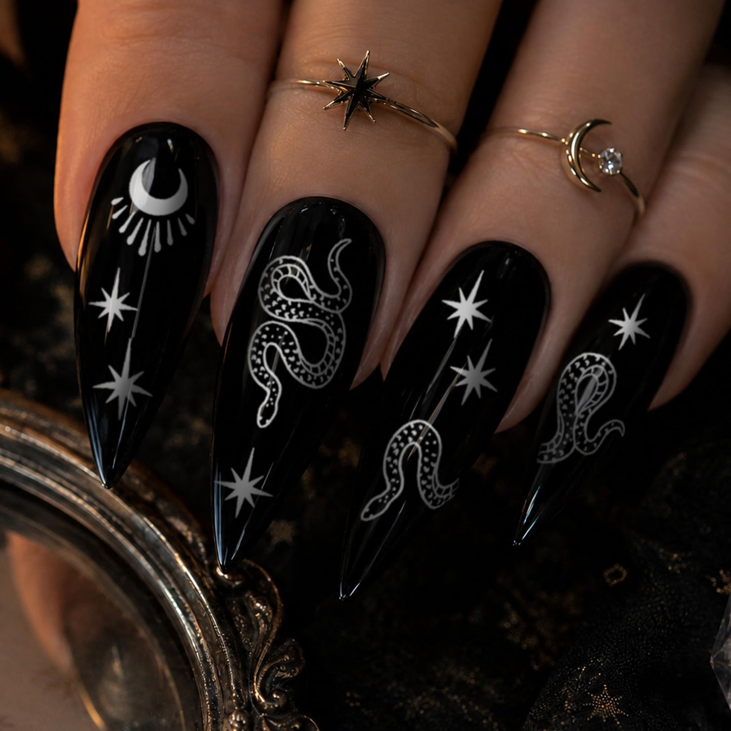 Ectogasm Nail Stickers Metallic Silver Gold Edition | Spooky Witchy Horror Style for Halloween Gothic Fashion Decals - Snakes, Moons, Stars, Cobwebs, Tattoo Art (Silver)