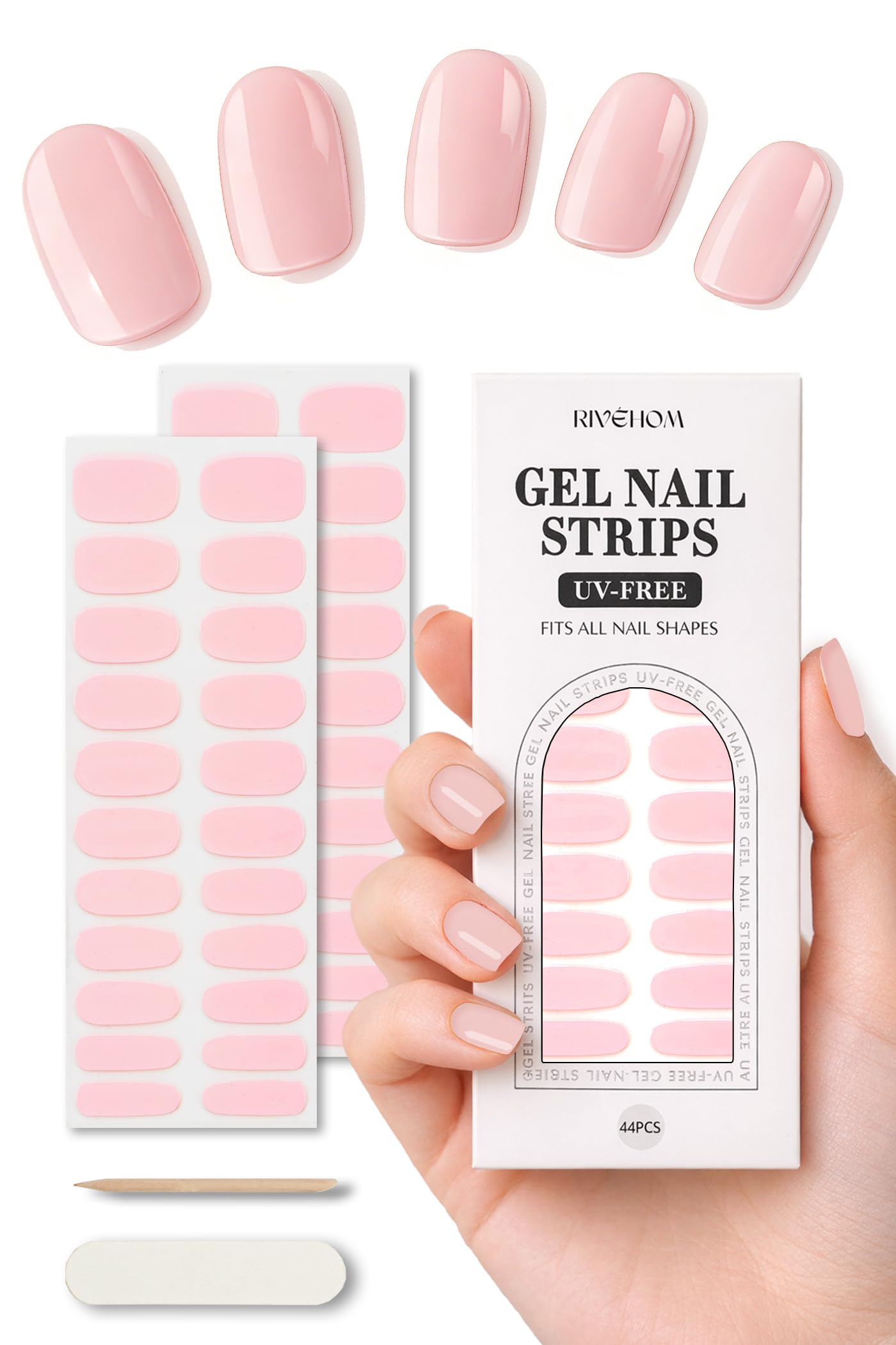 Gel Nail Strips 44Pcs, No UV Light Needed Gel Stickers, Pre-Cured Nail Polish Stickers for Women Salon Quality, Chip Resistant,Polish Wraps Long Lasting, Easy Apply & Remove (Cream Pink)