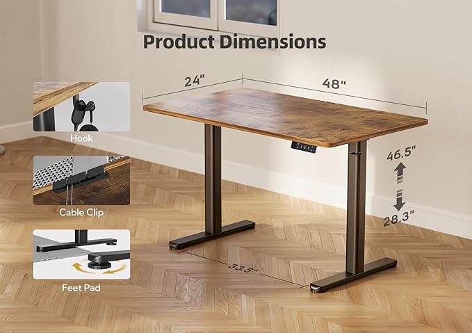 YDN Electric Standing Desk Adjustable Height, 48 x 24 Inches Stand up Desk with Cable Management, Home Office Desks with Splice Board & Black Frame, Rustic Brown Top