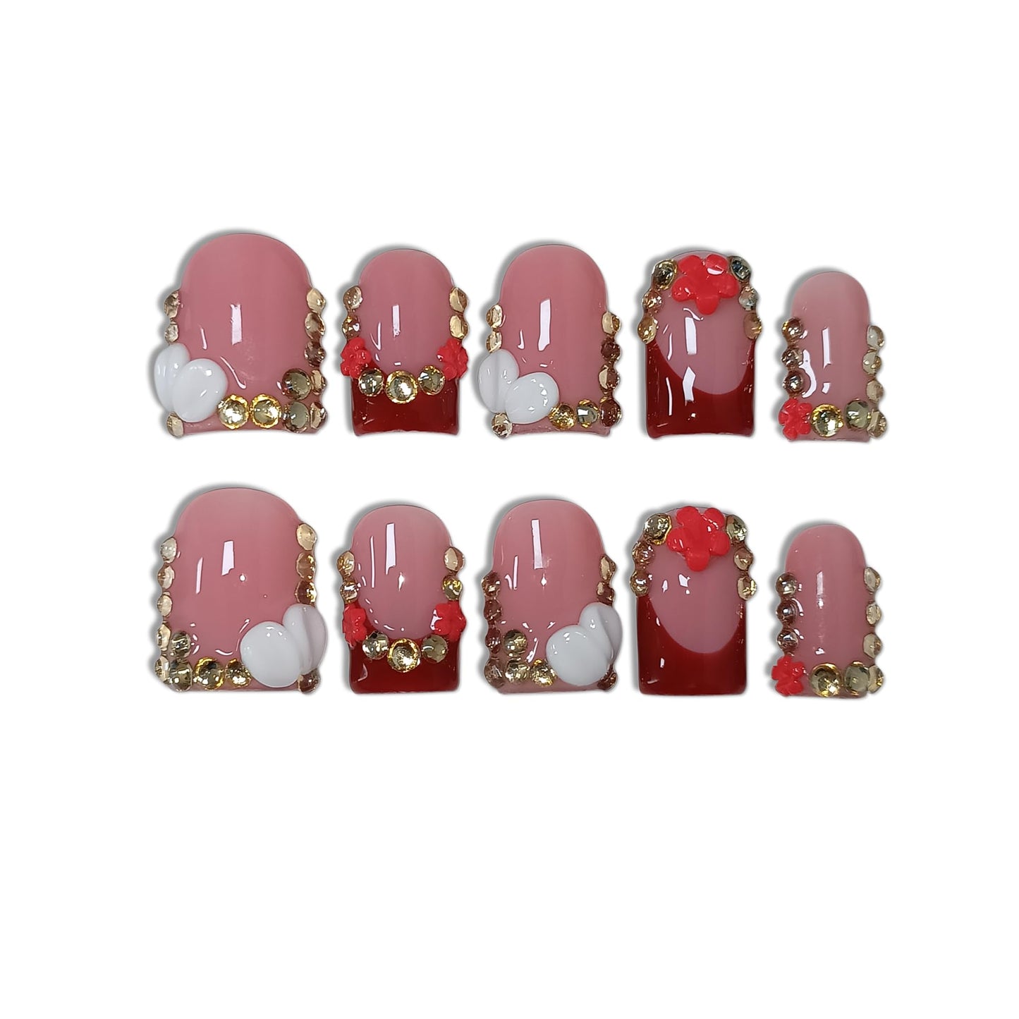 TENPAL Short Squoval Press on Nails - Red French Tip with Rhinestone Edge & Floral | Nude Pink Glossy Fake Nails | Clean Girl Manicure Set(M)