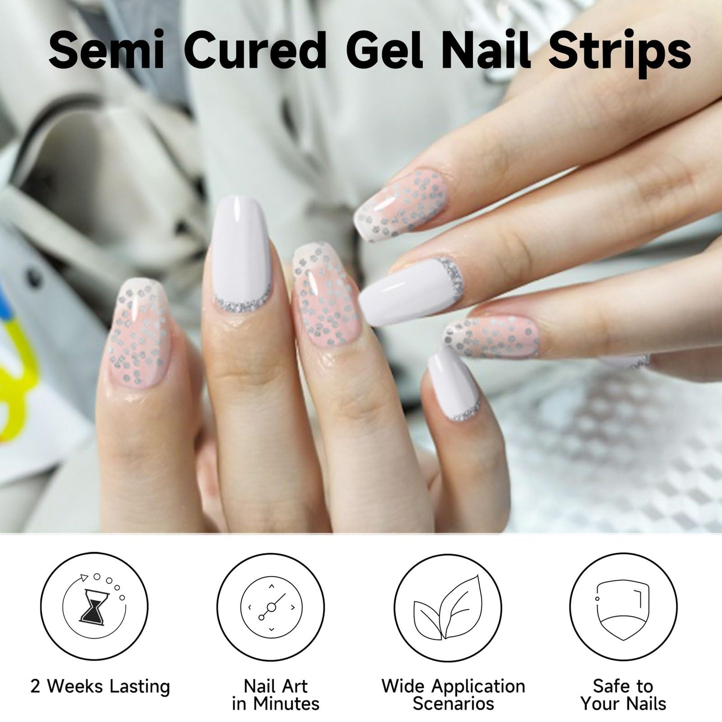 DUKASOU Semi Cured Gel Nail Strips, 56Pcs Nail Art Stickers/Wraps, Long Lasting UV Nail Polish Strips for Adults(Black Silver+White French Tip)