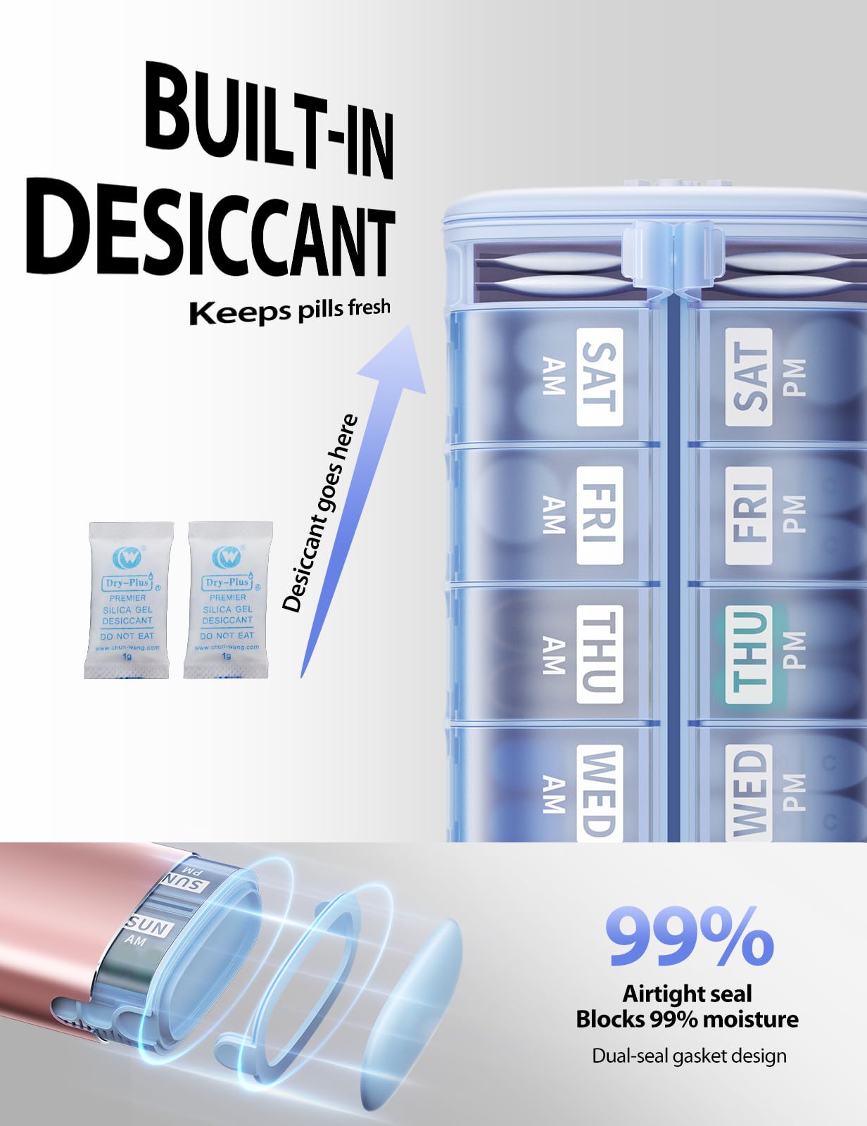 Vaydeer Metal 7 Day Pill Organizer 2 Times a Day – AM PM Weekly Travel Pill Case with Moisture-Proof Desiccant, Airtight Large Capacity Pill Box for Vitamins, Medications & Supplements (Blue)