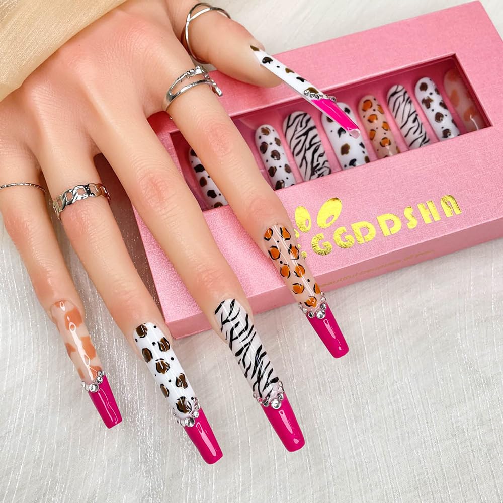 GGddsha 2025 100% Handmade Nails Long and Reusable PMMA Acrylic Press on Nails With Rhinestone Zebra French Design Reusable Full Coverage Fake Nails Handmade Nails Ladies Fake Nail Set (Zebra, M)