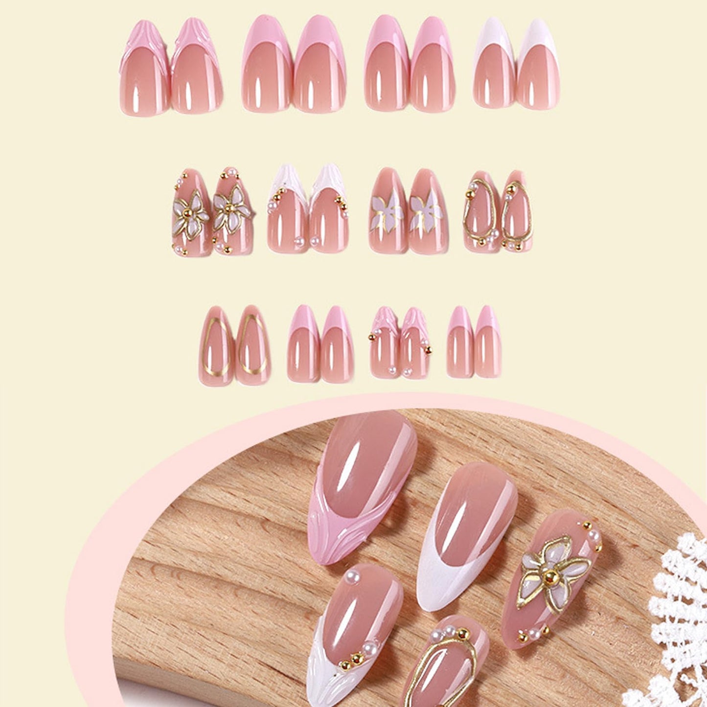 IMRAIN Pink Press on Nails Almond Medium Fake Nails with 3D Golden Flower Designs Glossy Gel Acrylic False Nails 24Pcs Glue on Nails for Women