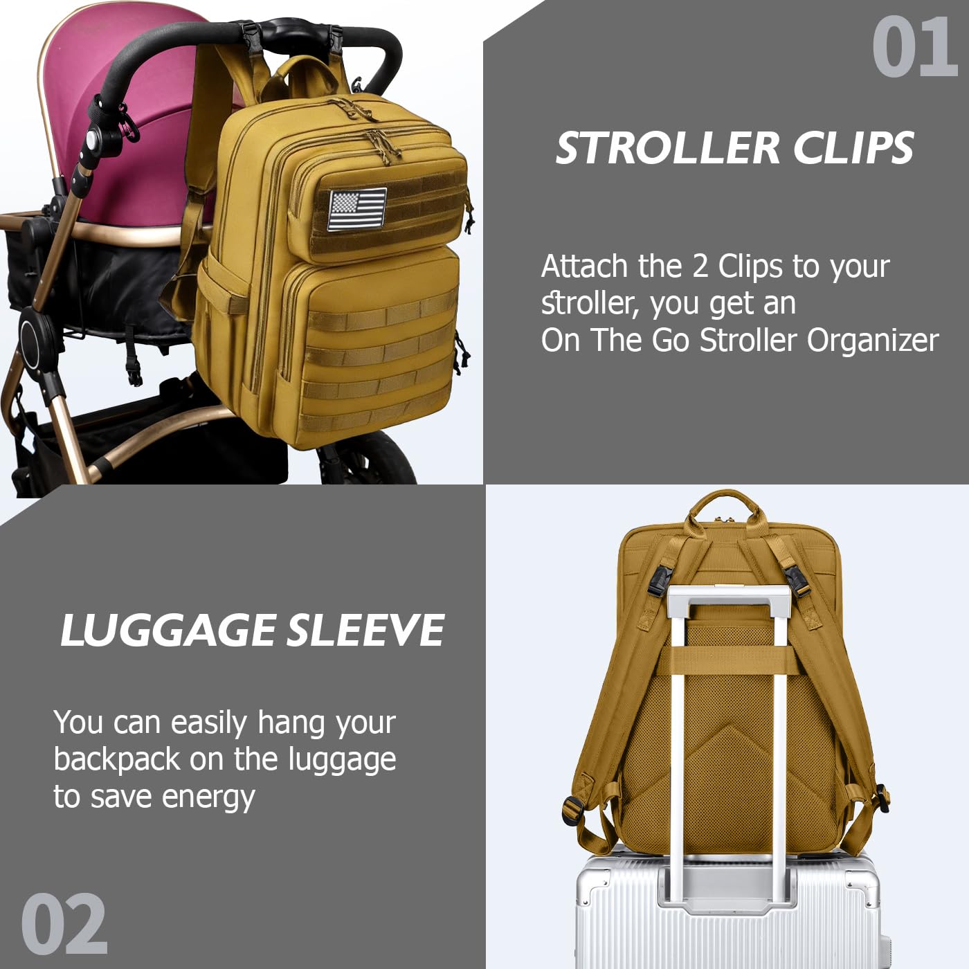 LORADI Dad Diaper Bag with Insulated Pockets, Stroller Clips and Luggage Sleeve for Travel, Large Tactical Diaper Bag for Men, Brown