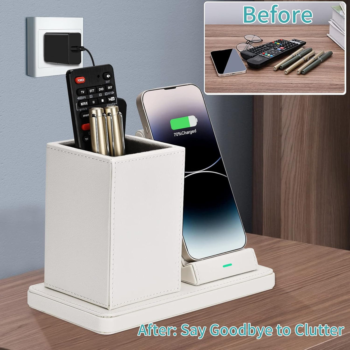 Wireless Charger with Desk Organizer, Wireless Charging Station for iPhone 14/14 Pro/13/12/11/Samsung Galaxy S23/S22/S21/S20/Note 20/Note 10, Charging Stand with Leather, White