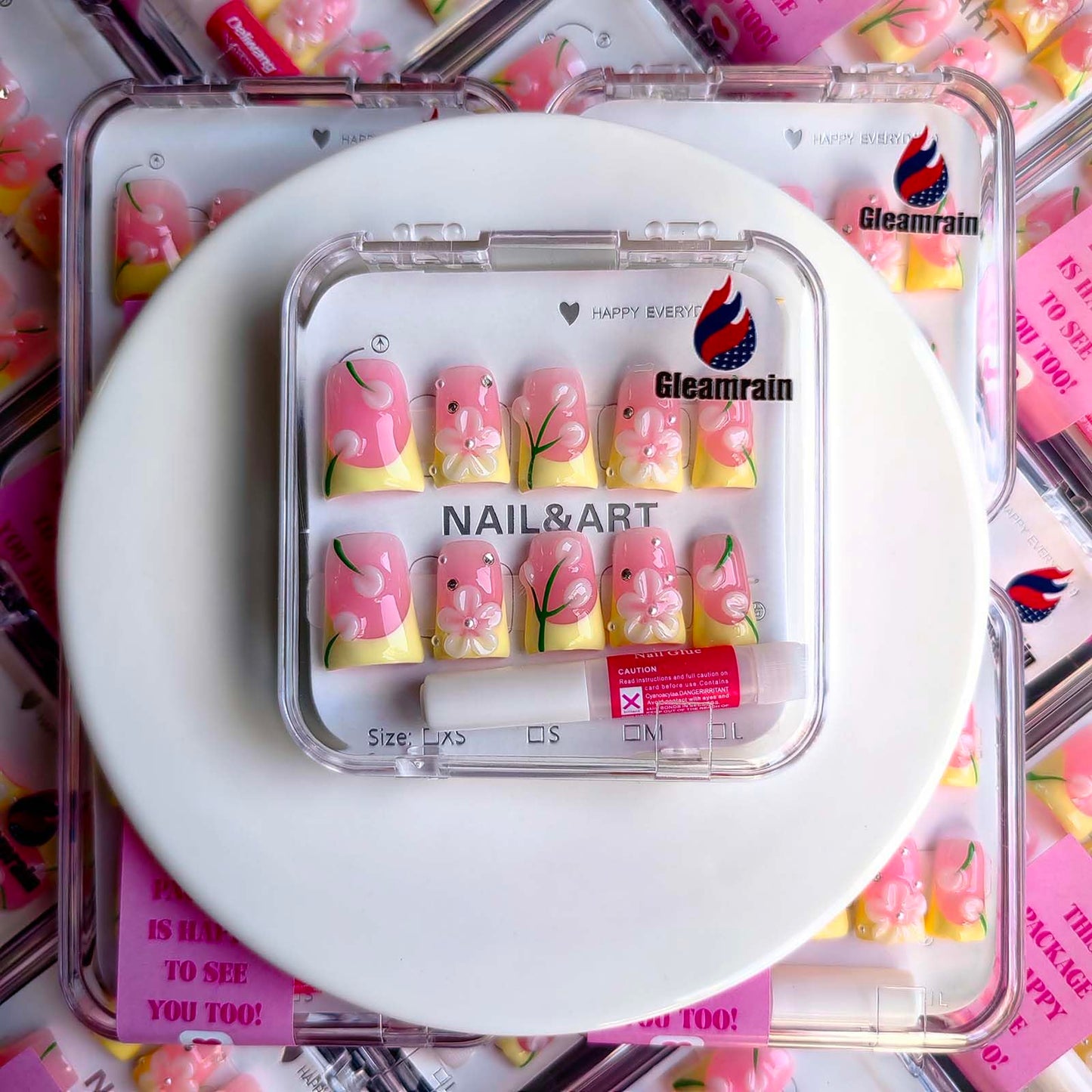 Gleamrain Pink Press on Nails Handmade Duck Glue on Nails Yellow French Tip with 3d Flower Design Elegant for Women for Spring 10pcs M Size Pattern 1105