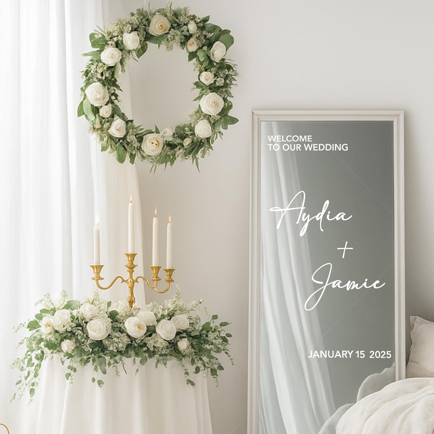 Marspark 8 Sheet Personalized Wedding Mirror Decal Sign Custom Welcome to Our Wedding Mirror Decal UV DTF Transfer Letter Sticker DIY Customized Bride Groom Name Letter for Bridal Shower(White)