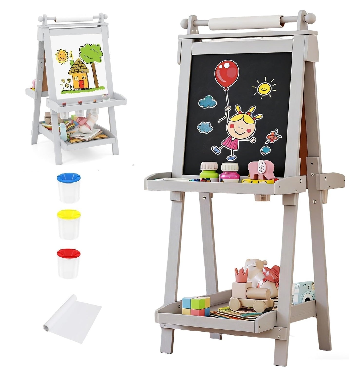 OLAKIDS Easel for Kids, 3 in 1 Adjustable Painting Art Board, Foldable Double-Sided Wooden Drawing Chalkboard Magnetic Whiteboard with Paper Roll, Storage Rack, Cups for Boy Girls (Gray)