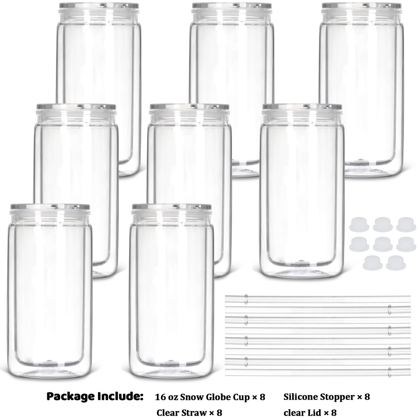 Tswofia 8 Pack Snow Globe Tumbler, 16 Oz Double Wall Plastic Can with Lid and Straw, Mason Jar Mug for Snow Globe Glitter DIY Gift (Clear)