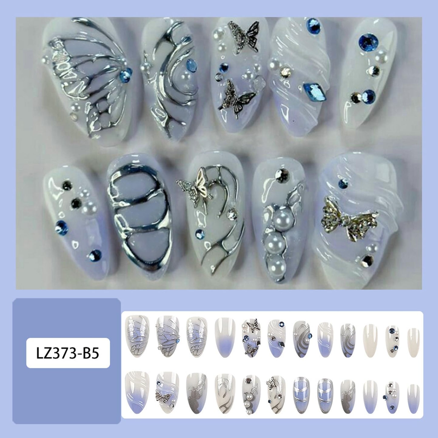 24Pcs French Tip Press on Nails Medium Almond Fake Nail with 3D Ripple Silver Irregular Stripe Pearl Design Cute Butterfly False Nail Light Color Full Cover Artificial Handmade Stick on Nail for Women