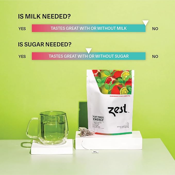 Zest Energy Green Tea – Pomegranate Mojito High Caffeine Tea Bags for Focus & Morning Energy – Natural Caffeinated Tea with 135mg Caffeine – Coffee Substitute – 20Ct Pack, Non-GMO & Keto Friendly