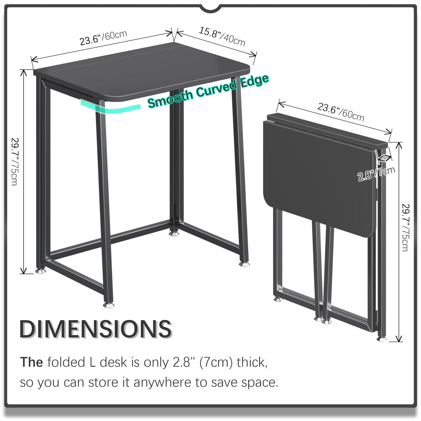 4NM 23.6" Mobile Small Folding Desk, Foldable Rolling Computer Home Office Desk, Study Writing Table for Small Space Saving Bedroom, with Wheels - All Black