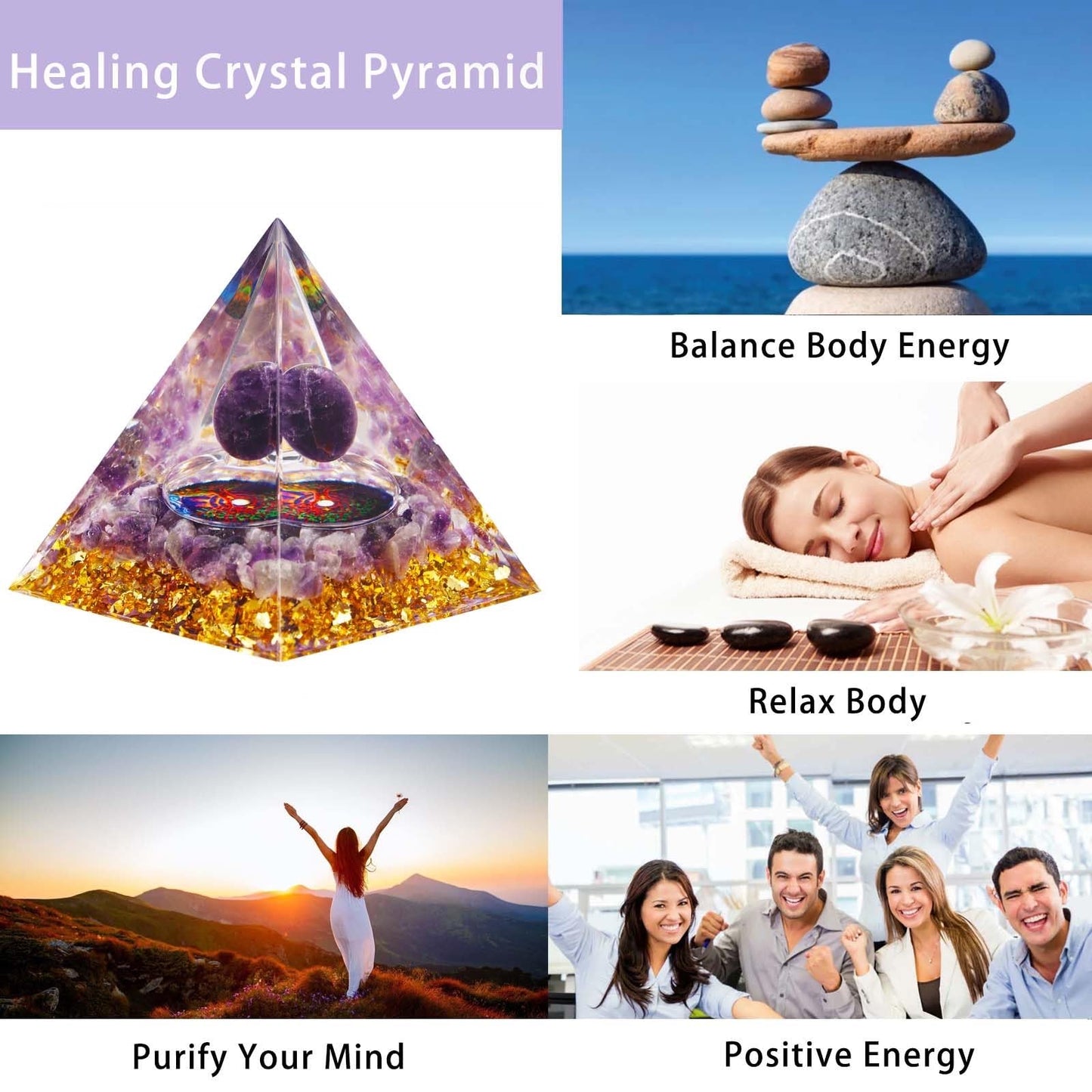 Crystal Pyramid, Amethyst Healing Crystal Pyramid Porstive Energy Generator, Natural Crystals Energy Pyramid for Attract Wealth Success and Lucky
