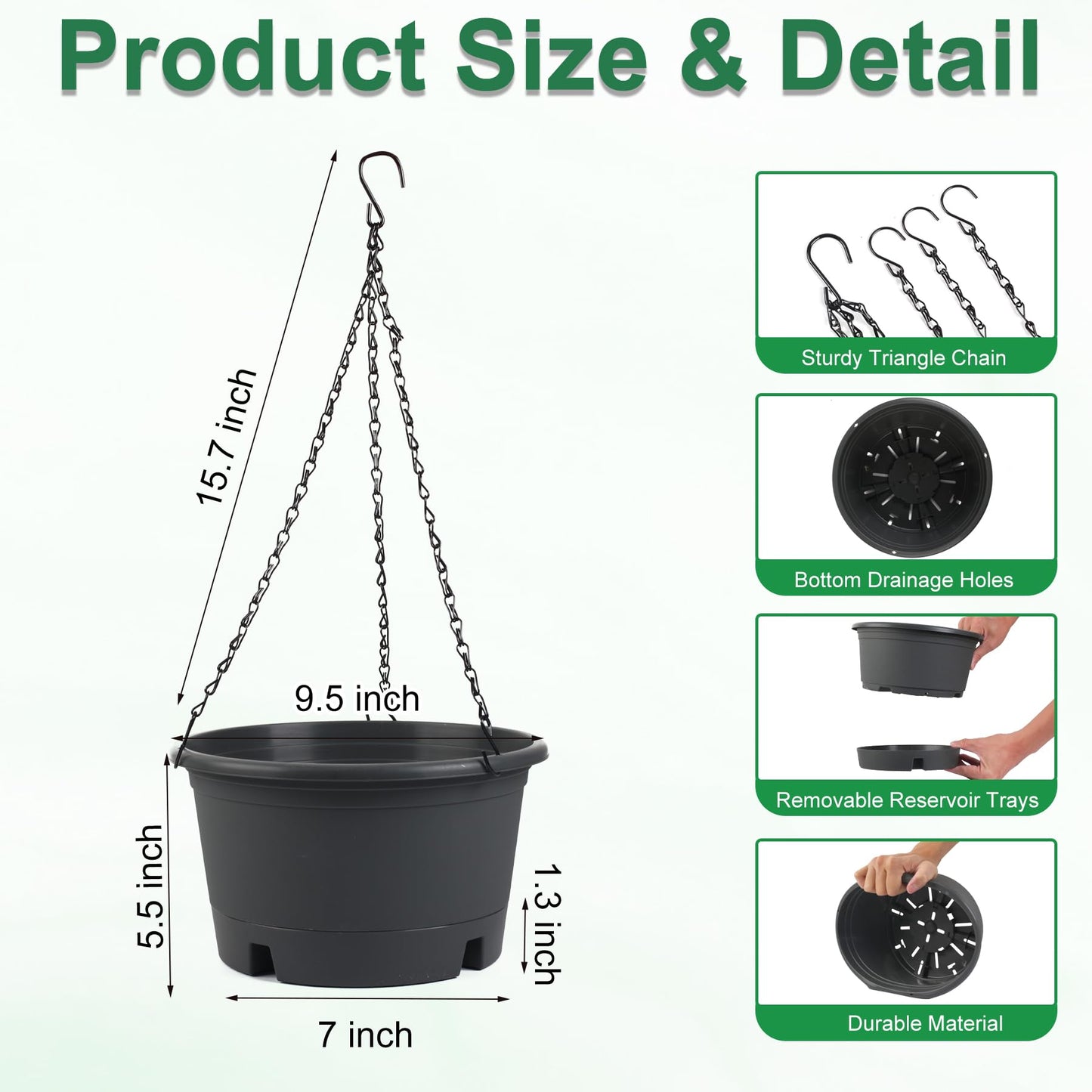 Svxtoby 10 inch Hanging Planters, 4 Pack Hanging Baskets for Plants with Removable Trays & 15.7" Chain, Round Plastic Hanging Flower Pots for Home Garden Porch Balcony Patio Decor (Grey)