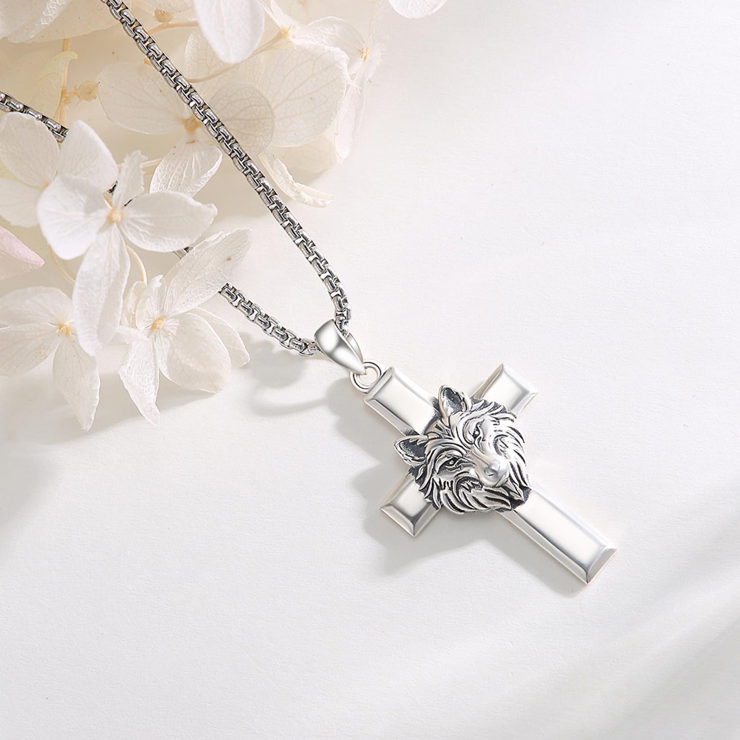 YEESIA Cross Necklace for Men 925 Sterling Silver Wolf Necklace Pendant Christian Protect Jewelry Wolf Gifts for Men Husband