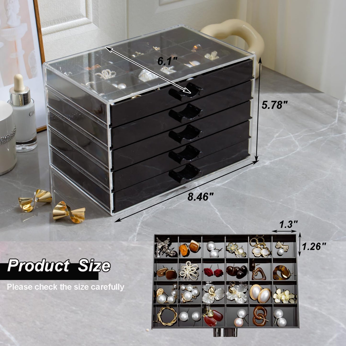 YUFONG Earring Storage Box Organizer, Acrylic Jewelry Storage Box Holder 5 Drawers Transparent Jewelry Display Stand with 120 Small Compartments Gift Boxes for Women Girls (Black)