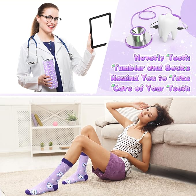 Umigy 2 Pcs Dental Assistant Gifts 2025 Dental Hygienist Appreciation Gifts 20 oz Teeth Print Tumbler with Lid and Sock for Women for Nurse Week Appreciation Dentist Christmas Birthday(Purple)