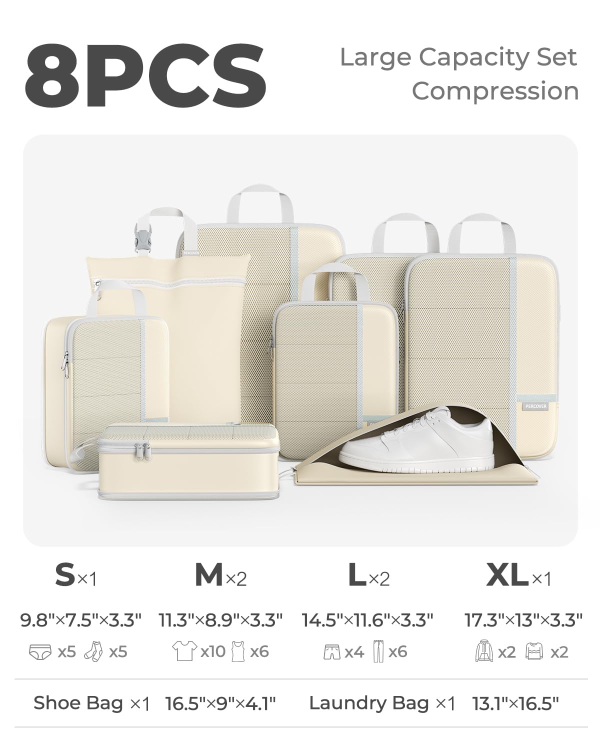 Percover Compression Packing Cubes 8-Piece Set, Packing Cubes Compression for Travel with Laundry Bag & Shoe Bag, Travel Organizer for Carry On & Checked Luggage, Beige