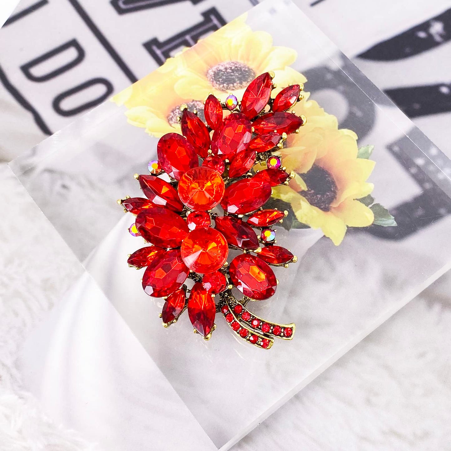 LAXPICOL Vintage Red Austrian Crystal Flower Leaf Bouquet Clusters Large Big Brooch Pin For Women Jewelry
