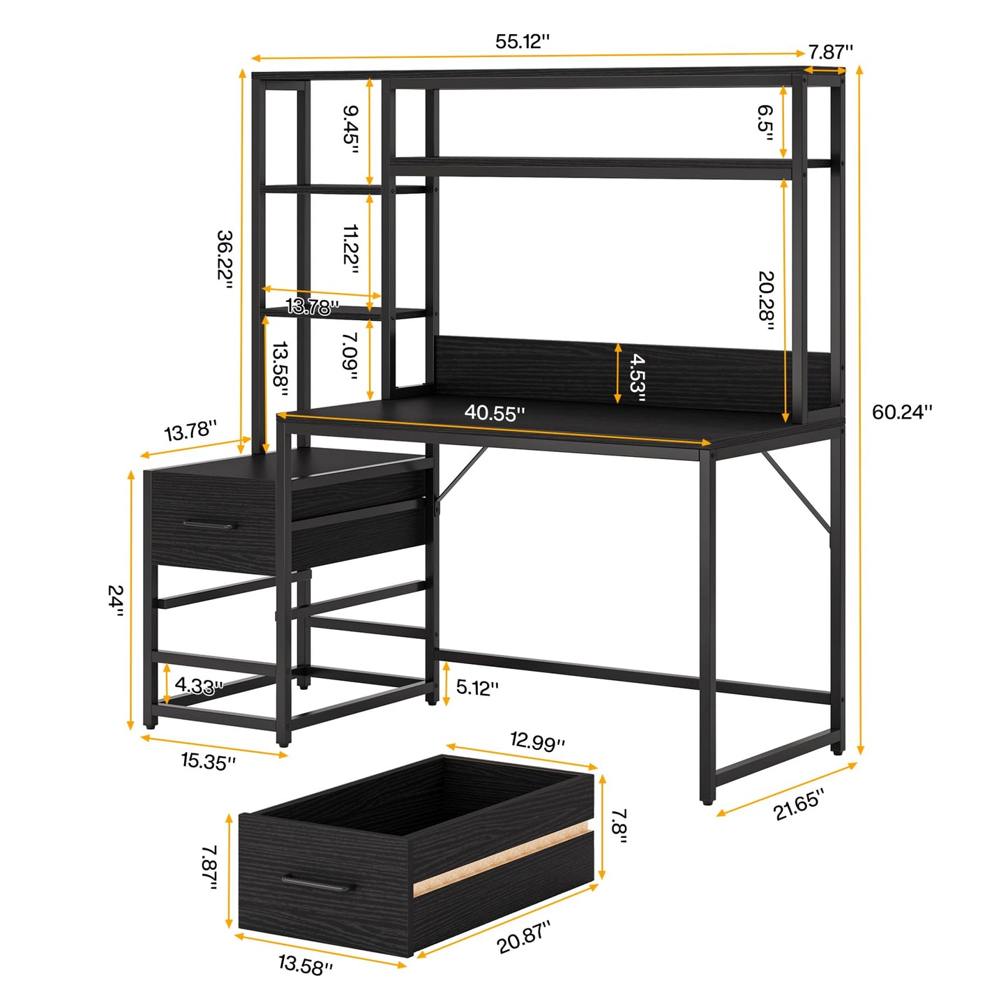 Tribesigns 55 Inch Computer Desk with 2 Drawers and Storage Shelves, Rustic Office Desk with Hutch, Study Writing Gaming Table Laptop Workstation for Home Office (Black)