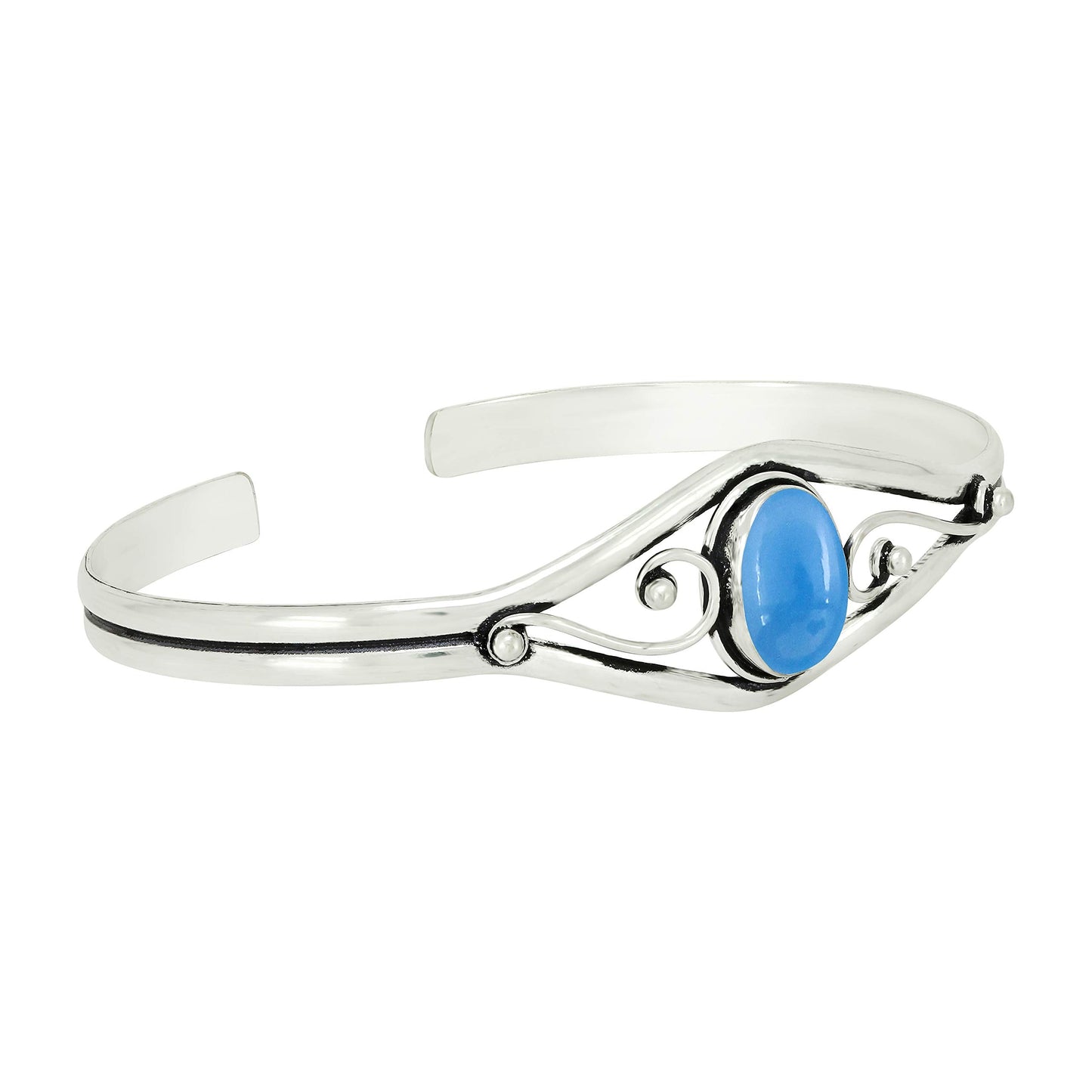925 Silver Plated Natural Chalcedony Cuff Bangle Bracelet for Women – Handmade Open Bangle – Blue Gemstone Statement Jewelry – Valentine's Day Gift for Her