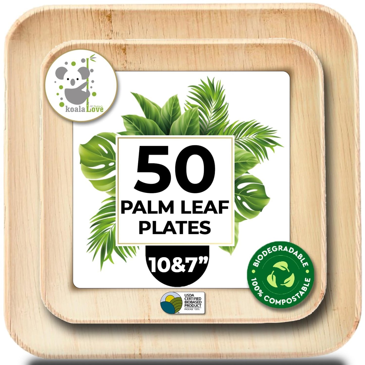 Koala love Palm Leaf Plate Bamboo Paper Plates Disposable 10 Inch & 7 Inch Bulk Party Pack Eco Compostable Biodegradable Wooden Plate Best Alternative To Plastic Paper Plates (50 pc)
