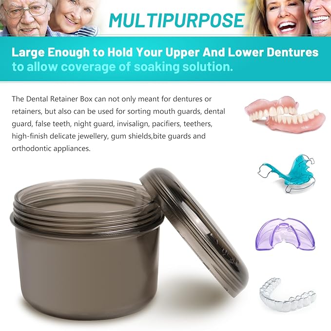 Denture Bath Case Box, Leak Proof Denture Cups for Soaking Full & Partial Dentures, Retainers,Dishwasher safe,with Hard Denture Brush & Denture Toothbrush Cover (Transparent Black)