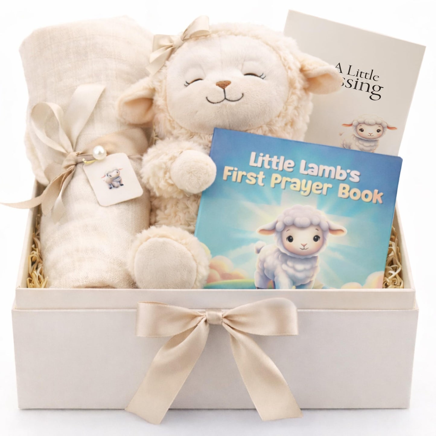 Highmark Collective Baptism Gift for Boy or Girl Baptism Set with 10" Praying Lamb Plush Toy, Bamboo Muslin Blanket & First Prayer Book, Ready to Gift Keepsake Box