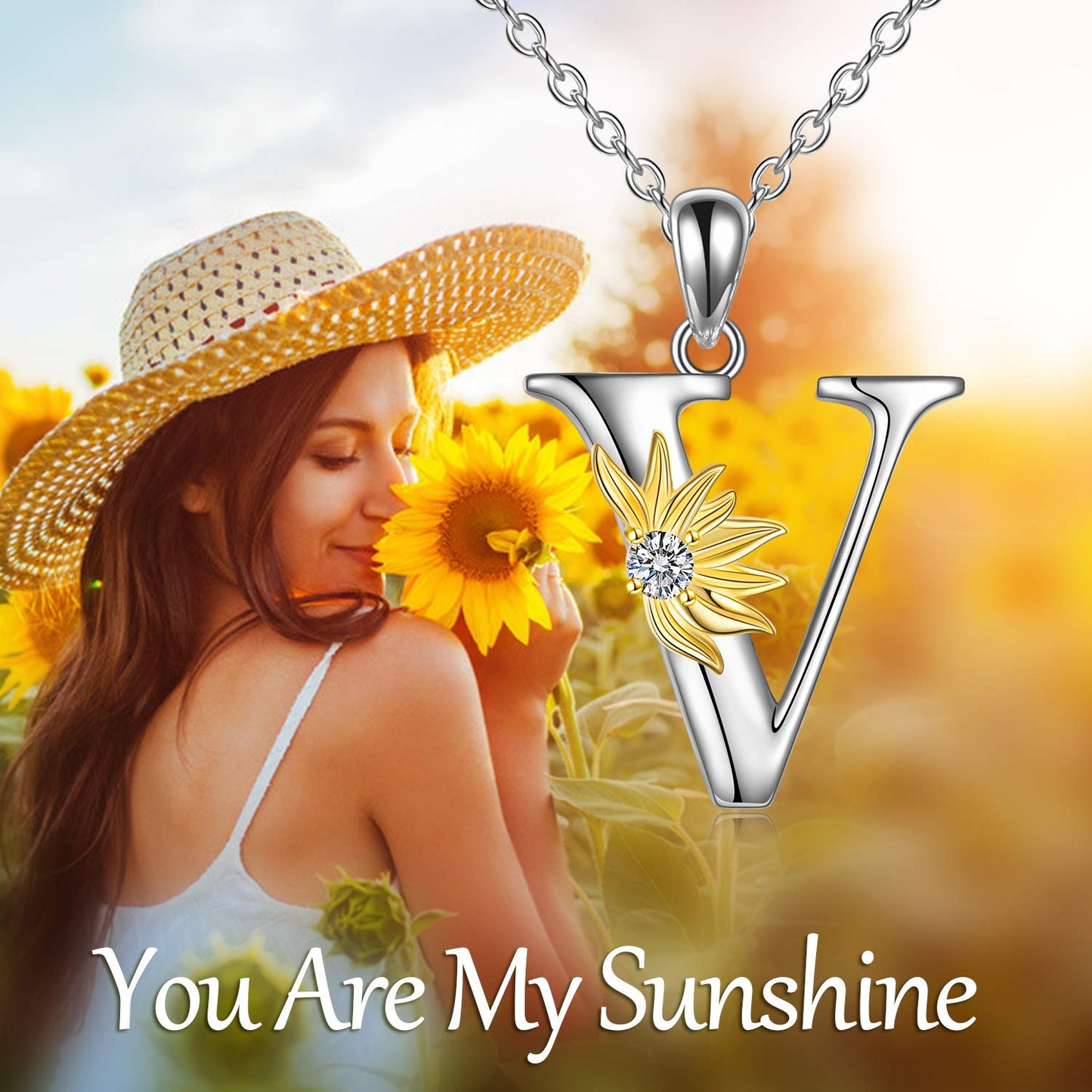 POPLYKE Sterling Silver Initial Alphabet Letter Script Name Pendant Chain Necklace for Women for (Sunflower V)