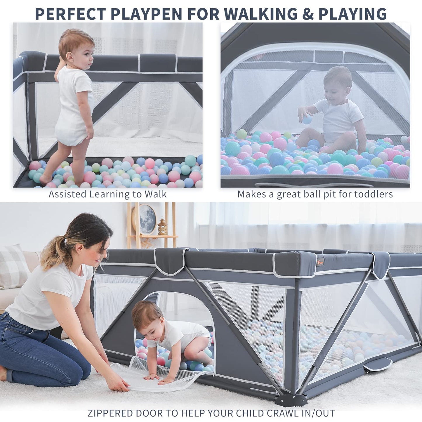 Yobear Foldable Baby Playpen (71"x59") - Portable Play Yard for Babies and Toddlers with 50 Ocean Balls, 2 Pull Handles & Carry Bag - Easy Setup Safe Indoor Outdoor Kids Activity Center (Dark Grey)