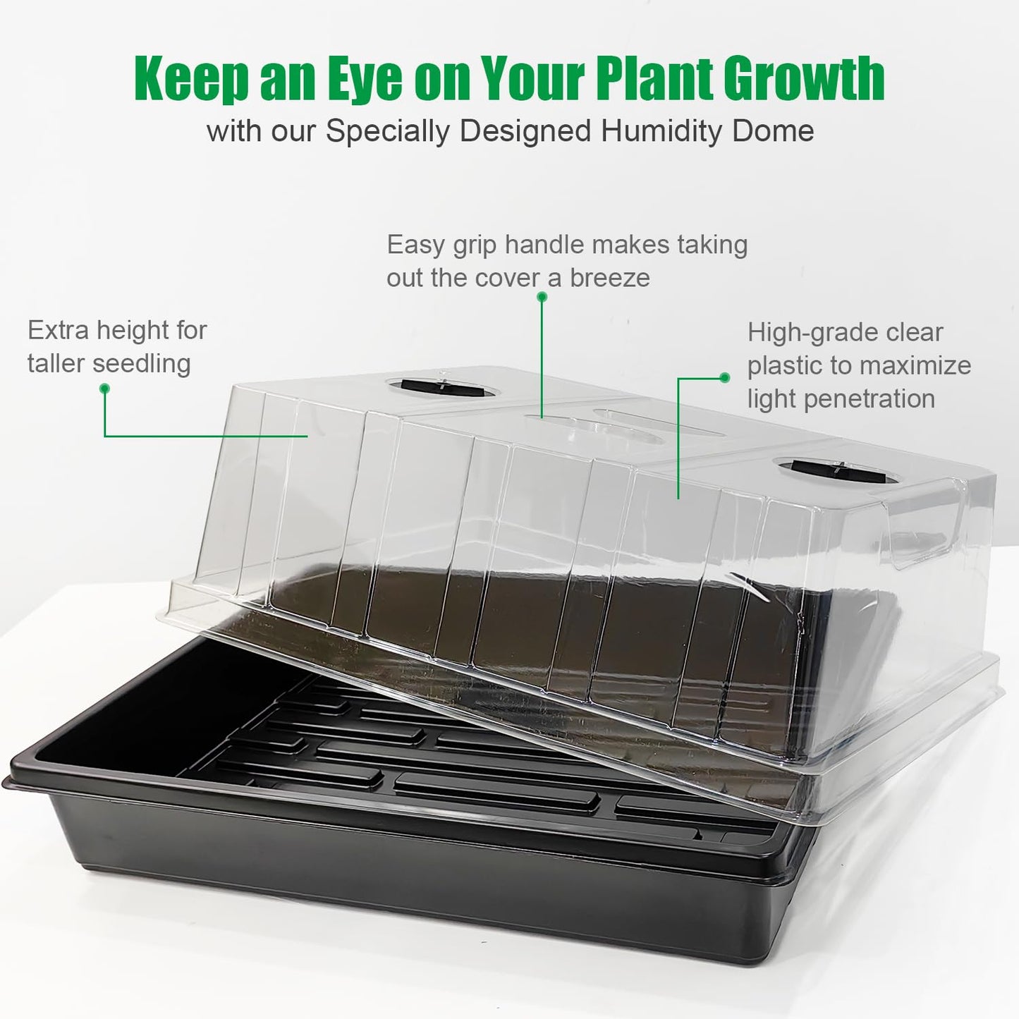RooTrimmer 4-Pack Seed Starter Trays with 5'' Tall Humidity Domes – Reusable Plant Germination Kit for Microgreens, Herbs & Indoor Gardening | Clear Vented Lids, Fast Seedling Growth & Durable Design