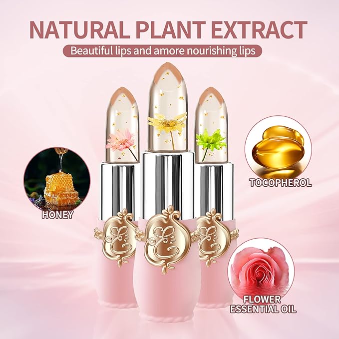 BestLand 6 Pcs/Set Flower Jelly Lipstick Set Temperature Change Moisturizer Long Lasting Nutritious Shimmer Lip Balm Magic Color Change Lip Gloss (Color Changing Lipstick Set B)