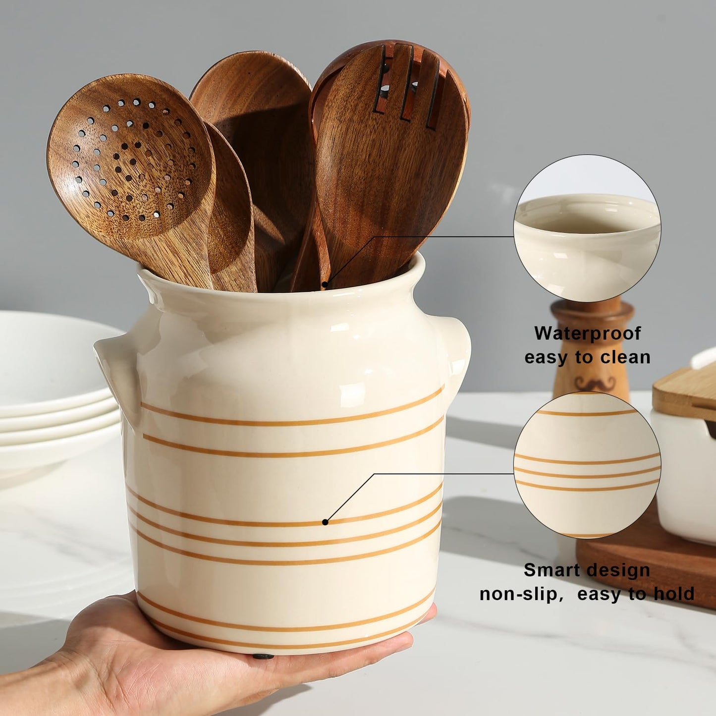 ATLZBLTCI Ceramic Farmhouse Kitchen Utensil Holder for Countertop, Rustic Cooking Utensil Holder Crock Fit for Kitchen Counter. 6*6.8*6.7 IN
