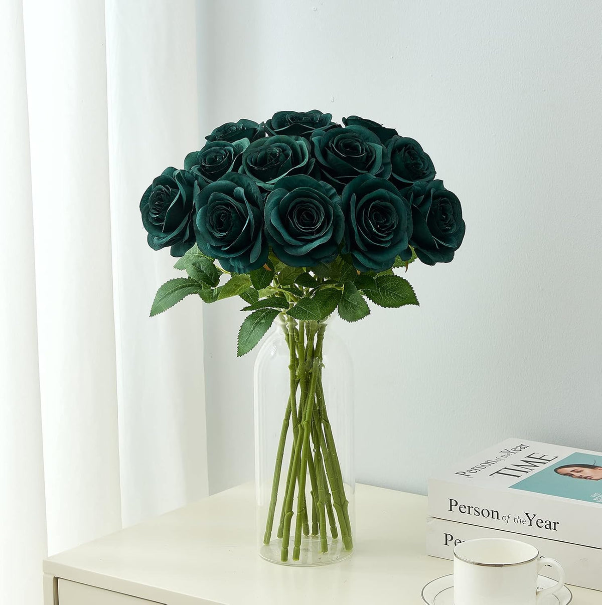 12PC Peacock Green Roses Artificial Flowers Fake Roses Silk Flowers Roses with Long Stems for Wedding Home Party Centerpieces Decorations