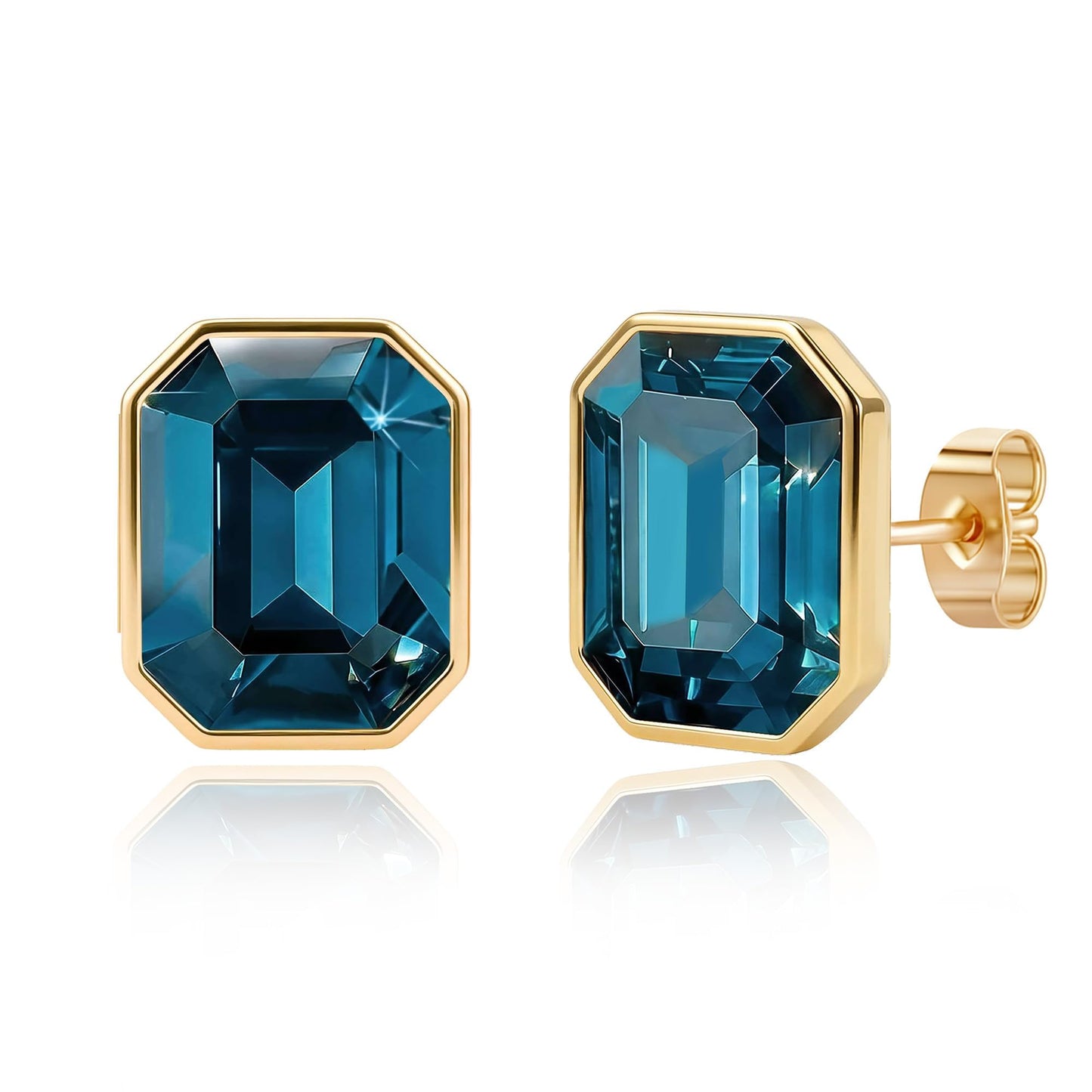 Austrian Crystal Octagon Stud Earrings for Women Fashion 925 Sterling Silver Post Hypoallergenic Jewelry (Dark Blue)