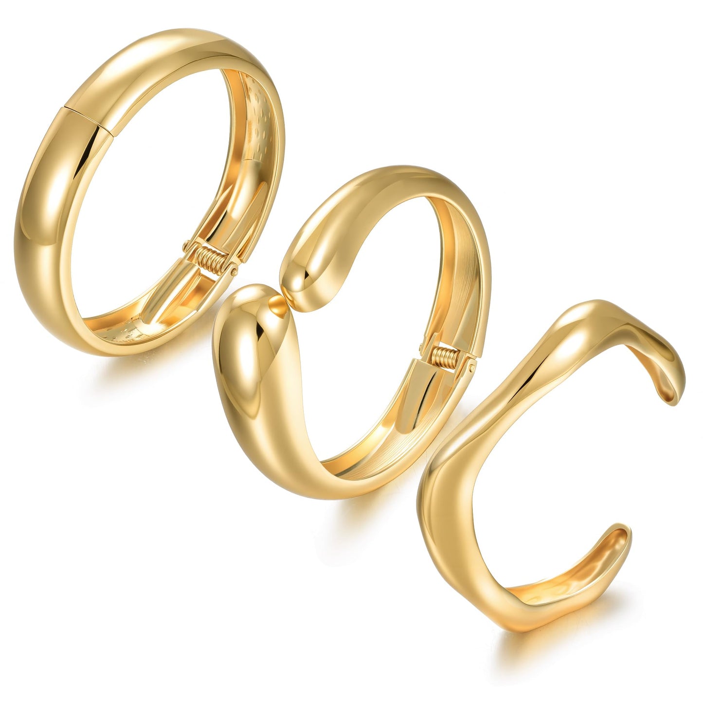 Chunky Gold Bangle Bracelets for Women, Dainty 14k Gold Plated Big Stackable Bangles Set, Trendy Statement Cuff Bracelet Stack Fashion Jewelry Gifts (Chunky gold wave bangles)