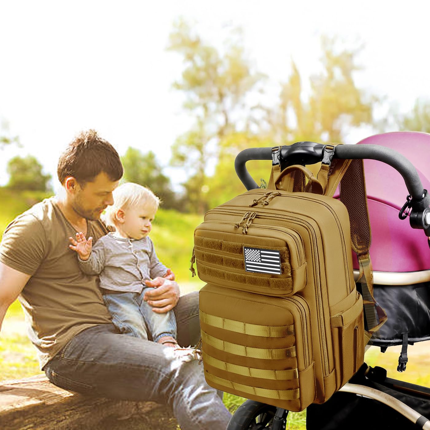 LORADI Dad Diaper Bag with Insulated Pockets, Stroller Clips and Luggage Sleeve for Travel, Large Tactical Diaper Bag for Men, Brown