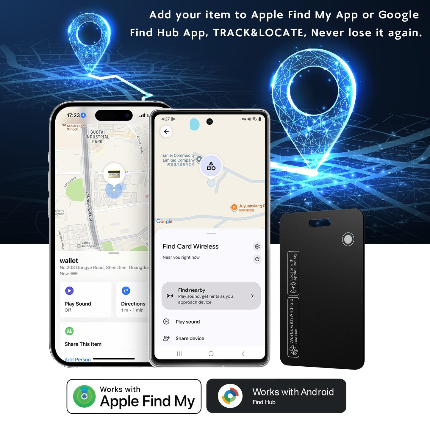 Tracker Card for iPhone & Android, Tracking Card with Apple Find My & Google's Find Hub, Rechargeable Slim Wallet Tracker Card for Wallet, Luggage, Keys,IP68 Waterproof